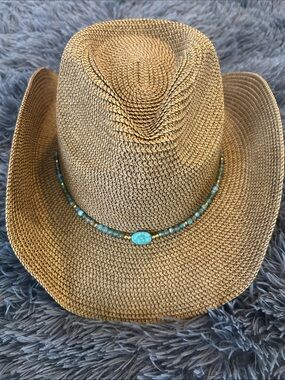 Tan Straw Western Hat with Turquoise Bead Accent